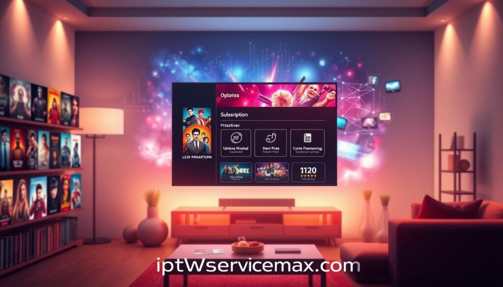 A visually striking illustration that captures the essence of a modern streaming service library. In the foreground, display an organized digital interface with vibrant thumbnails of various movie and TV show genres, featuring popular titles and eye-catching visuals. The middle layer should depict a user-friendly subscription options menu, showcasing different pricing tiers and unique features against a sleek, high-tech background illustrating connectivity and streaming dynamics. The background should feature a soft-focus living room setting with a television displaying vibrant streaming content, illuminated by warm, ambient lighting. The atmosphere should evoke a sense of excitement and convenience as viewers immerse themselves in the options. Ensure that the design includes the brand name "iptvservicemax.com" subtly integrated into the interface, while presenting a professional and polished look. A visually striking illustration that captures the essence of a modern streaming service library. In the foreground, display an organized digital interface with vibrant thumbnails of various movie and TV show genres, featuring popular titles and eye-catching visuals. The middle layer should depict a user-friendly subscription options menu, showcasing different pricing tiers and unique features against a sleek, high-tech background illustrating connectivity and streaming dynamics. The background should feature a soft-focus living room setting with a television displaying vibrant streaming content, illuminated by warm, ambient lighting. The atmosphere should evoke a sense of excitement and convenience as viewers immerse themselves in the options. Ensure that the design includes the brand name "iptvservicemax.com" subtly integrated into the interface, while presenting a professional and polished look.