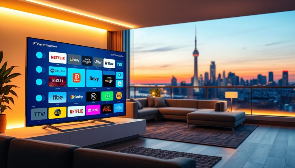 A visually striking image depicting a comparison of top IPTV providers suitable for 2026 streaming. In the foreground, a sleek digital interface displays vibrant icons representing various IPTV brands, including "iptvservicemax.com", arranged in a grid format. The middle ground features a stylish modern living room setting with a large screen showcasing streaming options, illuminated by soft ambient lighting. The background reveals a city skyline at dusk, symbolizing connectivity and technology. The scene is warm and inviting to evoke a sense of comfort and innovation. Use a wide-angle lens to capture the spaciousness of the room, enhancing the focus on the digital display. The overall mood should be optimistic and forward-looking, emphasizing advanced streaming solutions for modern viewers.