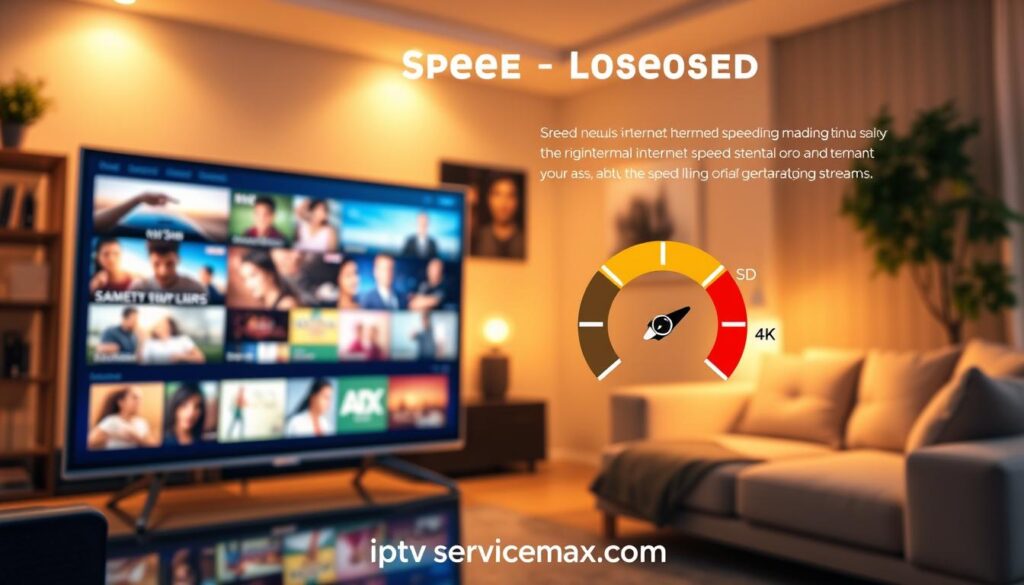 A visually striking infographic illustrating internet speed requirements for streaming quality. In the foreground, display a sleek, modern digital device, such as a smart TV, showcasing vibrant streaming content. In the middle section, incorporate a detailed speedometer graphic with color-coded sections indicating different streaming qualities (e.g., SD, HD, 4K). In the background, depict a serene living room environment, softly illuminated by warm, ambient lighting, creating a cozy and inviting atmosphere. Use a shallow depth of field to keep the focus on the speedometer and device, while the background subtly fades. Incorporate the brand name "iptvservicemax.com" in a tasteful and unobtrusive manner. The overall mood should be informative yet engaging, perfect for drawing the viewer's attention to the importance of internet speed in enhancing the streaming experience. A visually striking infographic illustrating internet speed requirements for streaming quality. In the foreground, display a sleek, modern digital device, such as a smart TV, showcasing vibrant streaming content. In the middle section, incorporate a detailed speedometer graphic with color-coded sections indicating different streaming qualities (e.g., SD, HD, 4K). In the background, depict a serene living room environment, softly illuminated by warm, ambient lighting, creating a cozy and inviting atmosphere. Use a shallow depth of field to keep the focus on the speedometer and device, while the background subtly fades. Incorporate the brand name "iptvservicemax.com" in a tasteful and unobtrusive manner. The overall mood should be informative yet engaging, perfect for drawing the viewer's attention to the importance of internet speed in enhancing the streaming experience.