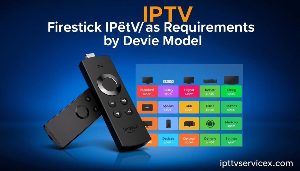 A visually striking infographic illustration detailing "Firestick IPTV Speed Requirements by Device Model." In the foreground, feature a sleek Amazon Firestick remote prominently, with highlighted icons representing different speeds for various IPTV service models like standard, high-definition, and 4K. The middle layer showcases an organized layout of device models, each labeled with optimal speed requirements, using vibrant colors for distinction. The background should be a subtle gradient of deep blue, suggesting a tech-savvy atmosphere. Soft, ambient lighting enhances the focus on the Firestick and device models. Ensure a clean and professional design that exudes sophistication, free of any text overlays or watermarks. Include the brand name "iptvservicemax.com" subtly at the bottom corner.