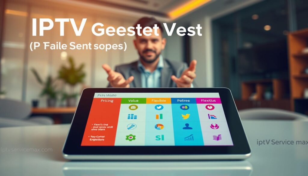 A visually striking infographic overview of IPTV Greatest pricing plans, focusing on value and flexibility. In the foreground, a modern and sleek digital tablet displaying colorful charts and icons representing various pricing tiers, with clear distinctions in colors and symbols. In the middle, a professional setting featuring a businessperson in modest casual attire, gesturing towards the tablet, showcasing engagement and enthusiasm. The background includes a soft-focus office environment with warm lighting to create an inviting atmosphere. Use a wide-angle lens effect to give a dynamic perspective, highlighting both the tablet and the businessperson seamlessly. The image should embody a sense of modern technology and customer satisfaction, with specific branding elements from "iptvservicemax.com" subtly incorporated within the design.