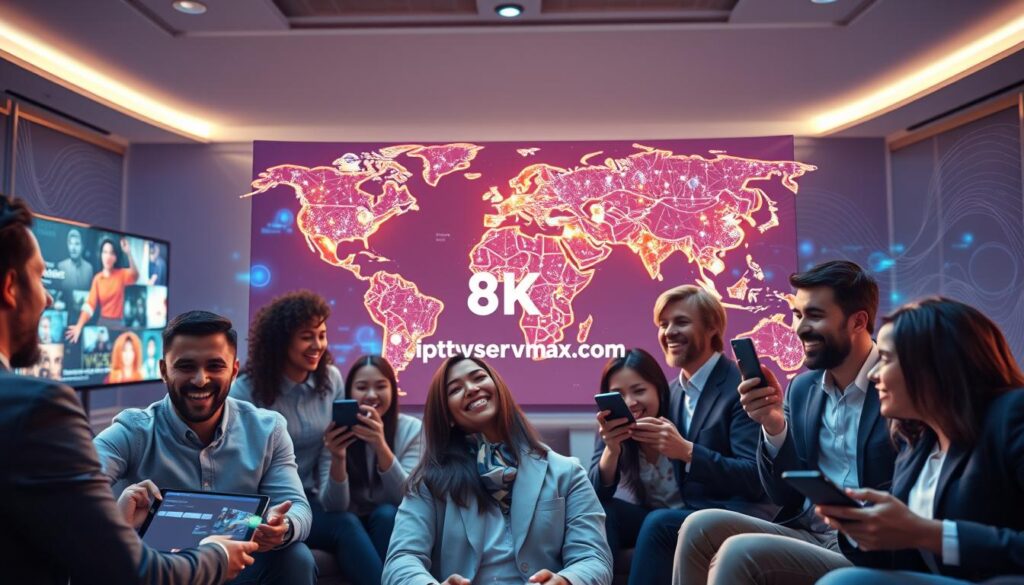 A visually striking representation of the global accessibility of 8K IPTV services. In the foreground, depict diverse individuals in professional attire joyfully using various devices, such as smart TVs, tablets, and smartphones, streaming content. Transitioning to the middle ground, illustrate a vibrant digital world map with glowing connections and icons representing different countries, emphasizing worldwide reach and connectivity. In the background, include abstract elements like signal waves or digital streams to suggest advanced technology. The scene should be bathed in bright, uplifting lighting, with a clean and modern aesthetic. The overall mood captures excitement and innovation in the streaming experience. Include branding subtly integrated into the design, featuring "iptvservicemax.com" within the digital map.