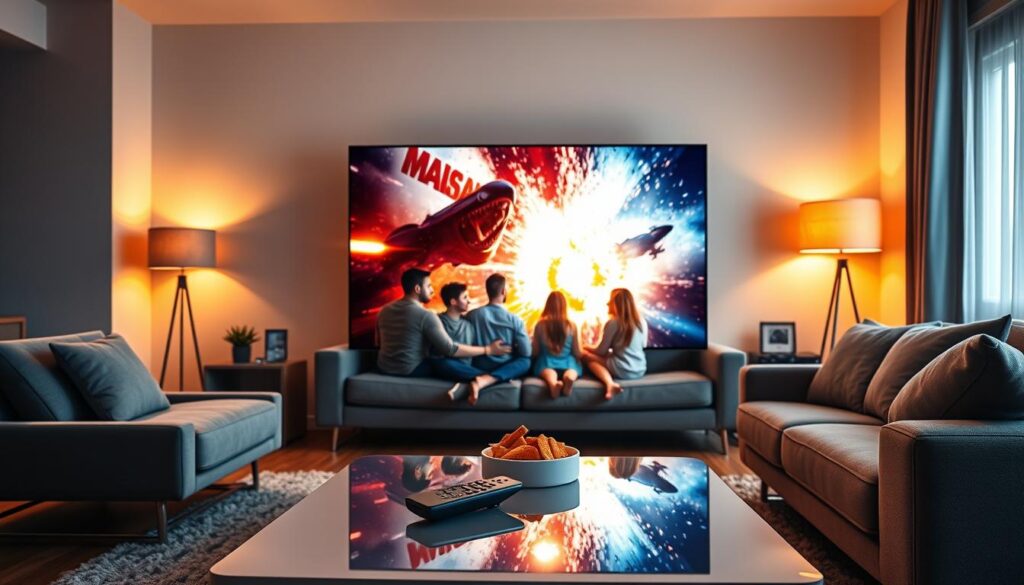 A visually striking scene depicting a vibrant living room setup showcasing a large, ultra-HD screen streaming high-quality IPTV content from "iptvservicemax.com". In the foreground, a sleek modern coffee table holds a remote and snacks, inviting a cozy atmosphere. The middle layer features a family comfortably seated on a stylish sofa, dressed in casual attire, engrossed in a thrilling movie displayed in stunning 4K resolution, with bright colors and dynamic visuals radiating from the screen. The background includes softly lit warm lamps and minimalistic decor, creating a welcoming ambiance. The image is illuminated with soft, natural light filtering in from a nearby window, enhancing the homey feel and emphasizing the clarity of the streaming quality. The scene radiates a sense of enjoyment and relaxation, perfect for illustrating an excellent streaming experience. A visually striking scene depicting a vibrant living room setup showcasing a large, ultra-HD screen streaming high-quality IPTV content from "iptvservicemax.com". In the foreground, a sleek modern coffee table holds a remote and snacks, inviting a cozy atmosphere. The middle layer features a family comfortably seated on a stylish sofa, dressed in casual attire, engrossed in a thrilling movie displayed in stunning 4K resolution, with bright colors and dynamic visuals radiating from the screen. The background includes softly lit warm lamps and minimalistic decor, creating a welcoming ambiance. The image is illuminated with soft, natural light filtering in from a nearby window, enhancing the homey feel and emphasizing the clarity of the streaming quality. The scene radiates a sense of enjoyment and relaxation, perfect for illustrating an excellent streaming experience.