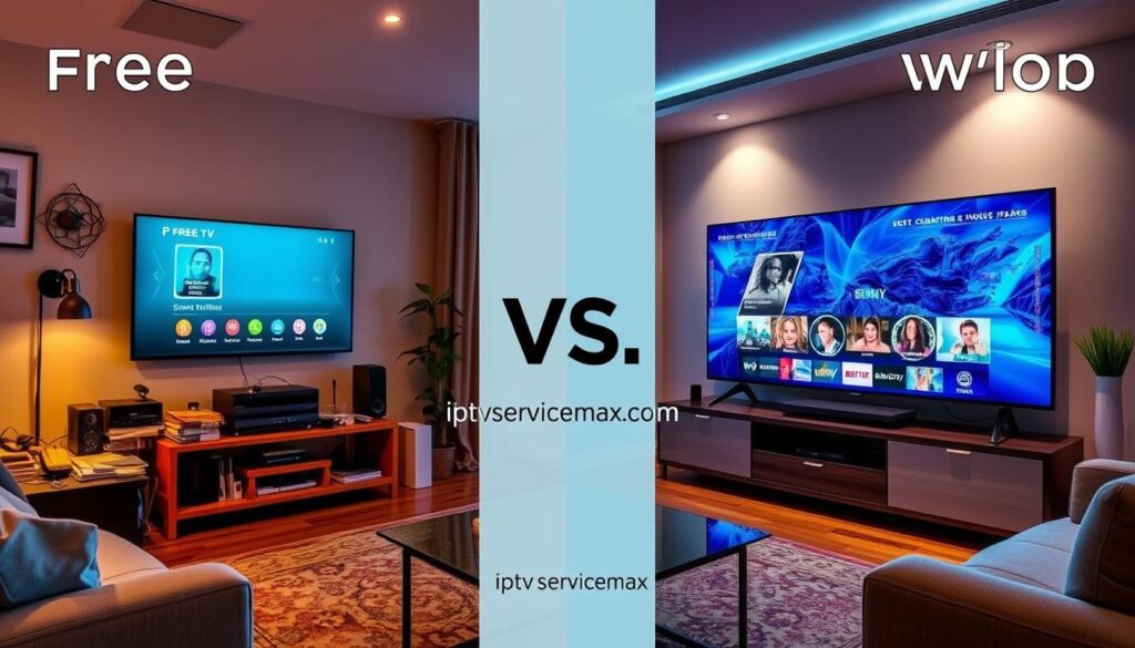A visually striking split-screen image illustrating the concept of "Free vs Premium IPTV Versions." On the left, depict a simple, cluttered living room setting with a basic smart TV displaying a free IPTV interface, featuring low-quality graphics and buffering icons, dimly lit for a more casual mood. On the right, create a modern, sleek lounge area with a high-end TV showcasing a vibrant premium IPTV interface with crisp graphics and smooth streaming, bright lighting to evoke elegance and sophistication. In the center, subtly integrate the brand name "iptvservicemax.com." Emphasize the contrast between the two experiences through lighting differences and color palettes, with warm tones on the free side and cool tones on the premium side. Use a wide-angle perspective to capture both settings effectively. A visually striking split-screen image illustrating the concept of "Free vs Premium IPTV Versions." On the left, depict a simple, cluttered living room setting with a basic smart TV displaying a free IPTV interface, featuring low-quality graphics and buffering icons, dimly lit for a more casual mood. On the right, create a modern, sleek lounge area with a high-end TV showcasing a vibrant premium IPTV interface with crisp graphics and smooth streaming, bright lighting to evoke elegance and sophistication. In the center, subtly integrate the brand name "iptvservicemax.com." Emphasize the contrast between the two experiences through lighting differences and color palettes, with warm tones on the free side and cool tones on the premium side. Use a wide-angle perspective to capture both settings effectively.