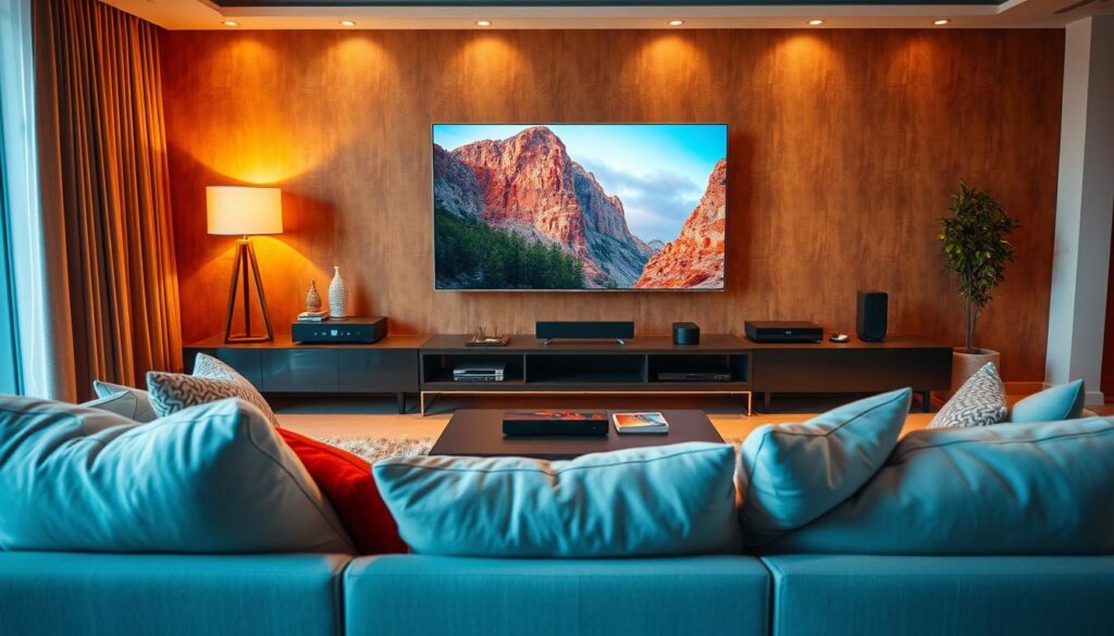 A visually stunning representation of IPTV streaming quality and performance, featuring a sleek large-screen television displaying vibrant, high-resolution content. In the foreground, a comfortable living room setting with a modern, minimalist sofa and decorative elements that suggest relaxation and entertainment. The middle ground showcases a sophisticated media console with various devices connected, symbolizing advanced technology. The background features a softly lit ambiance, with warm lighting creating an inviting atmosphere. Use a wide-angle lens to capture the entire scene in crisp detail. The overall mood should be warm and inviting, illustrating the seamless experience of using iptvservicemax.com for streaming needs, emphasizing clarity, richness of color, and smooth performance in a harmonious living space.