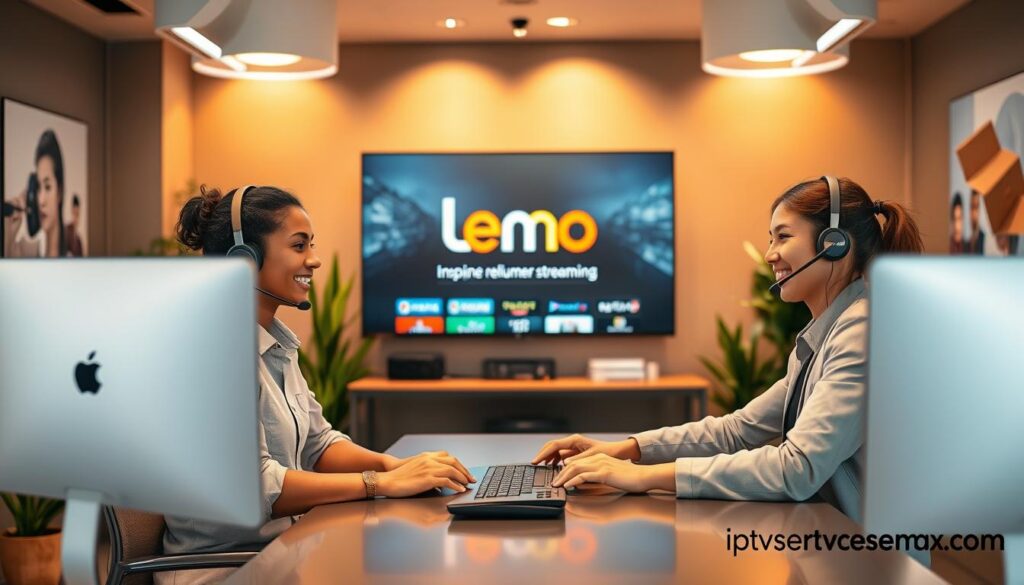 A warm, inviting customer support center for Lemo IPTV, showcasing a professional support agent cheerfully assisting a customer. In the foreground, a diverse, friendly technician in business casual attire sits at a sleek modern desk, interacting with a headset. The middle ground shows a large screen displaying the Lemo IPTV logo and colorful interface design. In the background, soft, ambient lighting creates a cozy atmosphere, with plants and inspiring images on the walls promoting reliable streaming. The overall mood is reassuring and supportive, emphasizing a strong sense of confidence in customer care. The image captures the essence of 24/7 support, where help is always just a call away. Incorporate the branding of iptvservicemax.com subtly within the design.