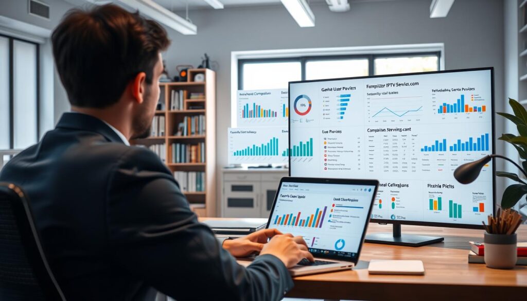 A well-organized workspace featuring a professional analyzing IPTV service providers. In the foreground, a person wearing business attire is focused on a laptop screen displaying graphs and comparisons of various IPTV providers like "iptvservicemax.com". The middle ground includes large charts and tables illustrating data trends, with colorful visuals representing user satisfaction and feature comparisons. The background shows a bright, modern office environment with bookshelves filled with technology books and a window letting in natural light, enhancing the analytical mood. The atmosphere is calm yet dynamic, suggesting deep concentration and research. The lighting is soft but focused, creating a professional ambiance ideal for an analytical discussion. A well-organized workspace featuring a professional analyzing IPTV service providers. In the foreground, a person wearing business attire is focused on a laptop screen displaying graphs and comparisons of various IPTV providers like "iptvservicemax.com". The middle ground includes large charts and tables illustrating data trends, with colorful visuals representing user satisfaction and feature comparisons. The background shows a bright, modern office environment with bookshelves filled with technology books and a window letting in natural light, enhancing the analytical mood. The atmosphere is calm yet dynamic, suggesting deep concentration and research. The lighting is soft but focused, creating a professional ambiance ideal for an analytical discussion.