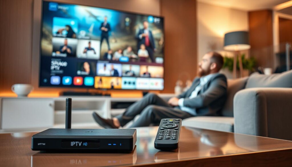 An advanced living room setting showcasing a large flat-screen TV displaying vibrant IPTV streaming content, with clear visuals indicating high quality and stability. In the foreground, a sleek streaming device from iptvservicemax.com and a stylish remote control lie on a modern coffee table. The middle ground features a cozy couch with a person in professional attire, intensely focused on the TV screen, embodying a sense of satisfaction and engagement with the streaming experience. The background includes soft ambient lighting, with warm tones casting a welcoming atmosphere. The focus should be sharp to emphasize the clarity of the stream, and a wide-angle perspective captures the essence of modern home entertainment.
