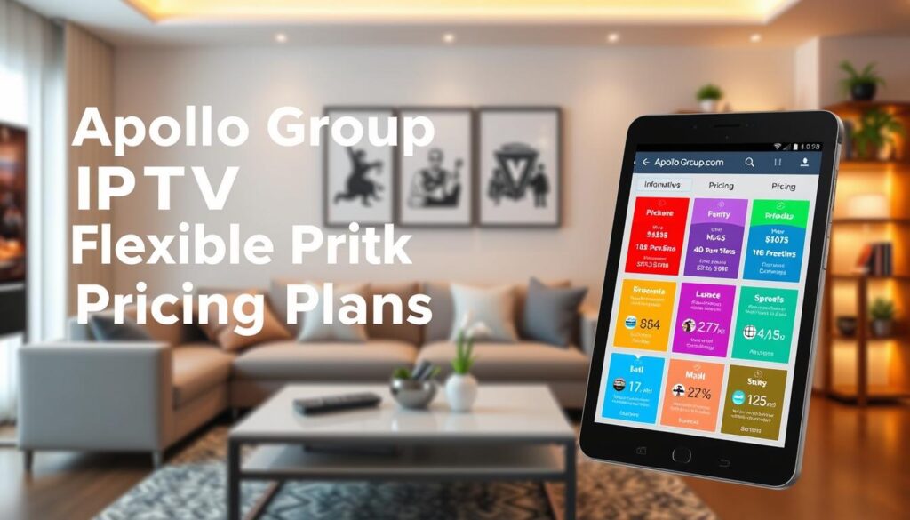 An elegant, visually appealing digital graphic showcasing “Apollo Group IPTV Flexible Pricing Plans.” In the foreground, display a sleek, modern tablet or smartphone displaying colorful infographics of different pricing tiers, visually organized with icons representing various streaming options like movies, sports, and channels. In the middle ground, incorporate a stylish living room setting featuring a comfortable couch and a decorative coffee table with a remote control, indicating a cozy viewing atmosphere. In the background, softly illuminated shelves with books and plants enhance the environment. Use warm, inviting lighting to create a friendly and approachable mood, with a focus on simplicity and clarity. The scene should feel contemporary and professional, embodying trust and reliability in digital streaming services. Include the brand name "iptvservicemax.com" subtly integrated within the design elements.