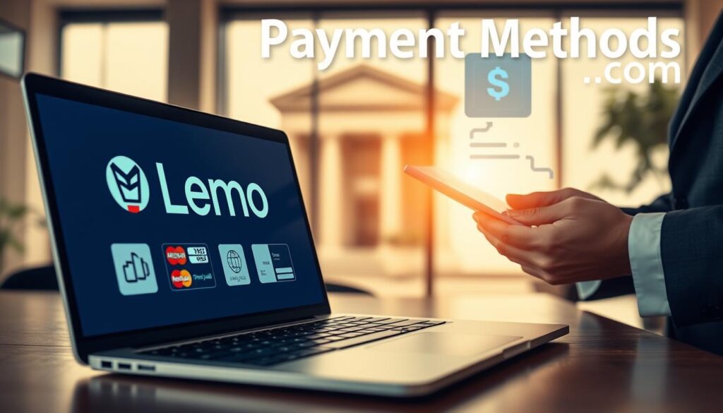 An engaging visual representation of "Lemo IPTV Payment Methods." In the foreground, a sleek laptop displays the Lemo IPTV logo along with secure payment icons such as credit cards and digital wallets, emphasizing reliability and convenience. A pair of hands in professional business attire reviews a payment page, showcasing engagement and trust. The middle ground features a blurred out bank building and a digital transaction symbol, reflecting modern banking methods. In the background, a warm and inviting office atmosphere is created with soft lighting from a nearby window, casting gentle shadows that convey a feeling of safety and professionalism. Use a wide-angle lens to capture the scene's depth, creating a balanced and harmonious composition. Include the brand name "iptvservicemax.com" subtly incorporated into the design.
