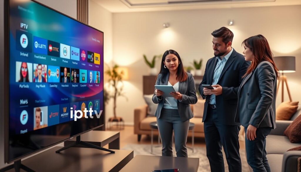 An informative and visually engaging scene illustrating "Understanding IPTV Services." In the foreground, depict a large, modern television screen displaying a colorful IPTV interface with various channel icons showcasing entertainment and news options. In the middle ground, include a diverse group of three professionals, dressed in smart casual attire, intently discussing IPTV on a digital tablet, with one person pointing to the screen. The background features a modern living room setting with contemporary furniture, a cozy atmosphere, and warm lighting, suggesting a welcoming environment. Soft focus on the background enhances the central action. Use a slightly elevated angle to capture the interaction clearly and create a sense of depth. The image should convey clarity and understanding, perfect for viewers new to IPTV services. Include the branding "iptvservicemax.com" subtly integrated into the screen display.