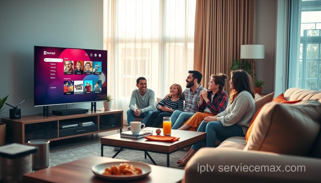 An inviting and modern living room showcasing a cozy viewing setup for streaming with Nomad IPTV, featuring a sleek flat-screen TV displaying a vibrant user interface. In the foreground, a stylish coffee table is adorned with snacks and drinks, while a plush sofa is adorned with colorful cushions. In the middle ground, a family of four, dressed in comfy casual clothing, engages in watching their favorite shows together, with smiles and laughter. The background features large windows allowing soft natural light to brighten the room, casting warm tones that enhance the inviting atmosphere. The overall mood is relaxed and family-oriented, with contemporary decor elements hinting at a tech-savvy lifestyle. Include a subtle branding reference to "iptvservicemax.com" as a small decorative element in the room, ensuring it is unobtrusive and naturally fitting.