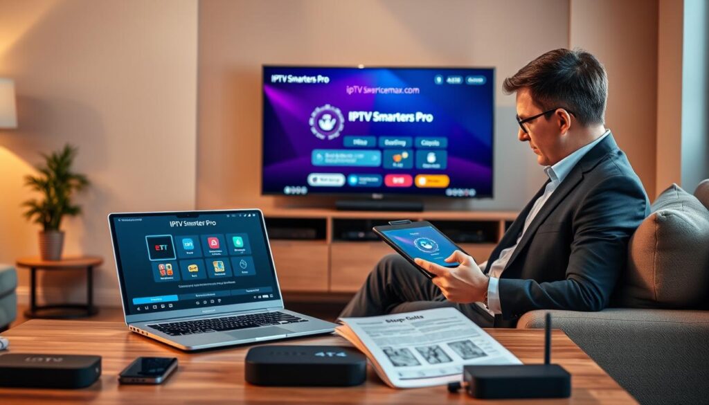 An inviting living room setting with a modern flat-screen TV displaying the IPTV Smarters Pro interface. In the foreground, a professional-looking individual in smart casual attire is seated on a comfortable couch, attentively following the installation process on a tablet. A laptop is open on a coffee table, showcasing a step-by-step guide. In the middle ground, various smart devices like a smartphone and streaming box are visible, hinting at the multi-device compatibility. The background features warm ambient lighting that creates a cozy atmosphere. The image should capture a moment of engagement in the installation, with a focus on the screen showing the IPTV Smarters Pro app, emphasizing user-friendly navigation. The URL "iptvservicemax.com" subtly appears on the tablet screen.