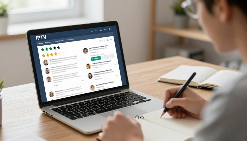 Customer reviewing IPTV service ratings on computer