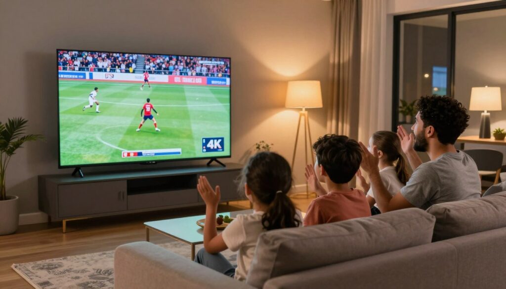 Family enjoying IPTV streaming on large screen TV