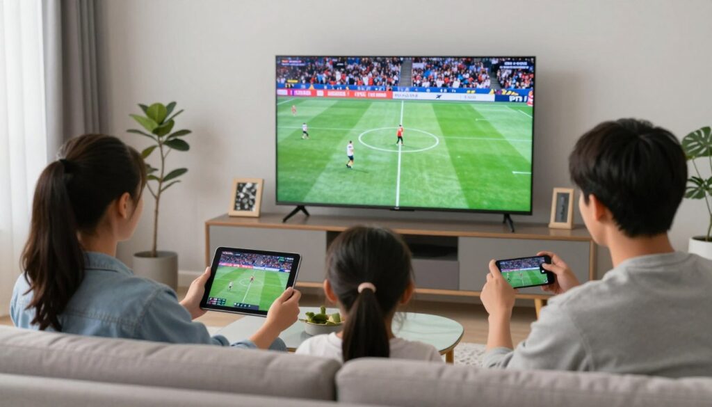 Family watching live sports on IPTV service across multiple devices
