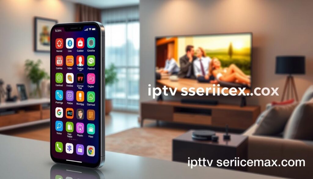 Generate an image showcasing the key features of an IPTV app. In the foreground, display a sleek smartphone featuring a vibrant user interface with icons representing various features like live TV, video on demand, and user profiles. The middle layer should include elements like a digital remote control and streaming device, symbolizing seamless functionality. In the background, create a cozy living room setting with a large TV displaying a streaming scene, illuminated by warm lighting to convey a friendly yet professional atmosphere. Use a slight angle to add depth to the composition. The overall mood should be inviting and modern, reflecting innovation in entertainment. Include the brand name "iptvservicemax.com" somewhere within the scene without text overlays.