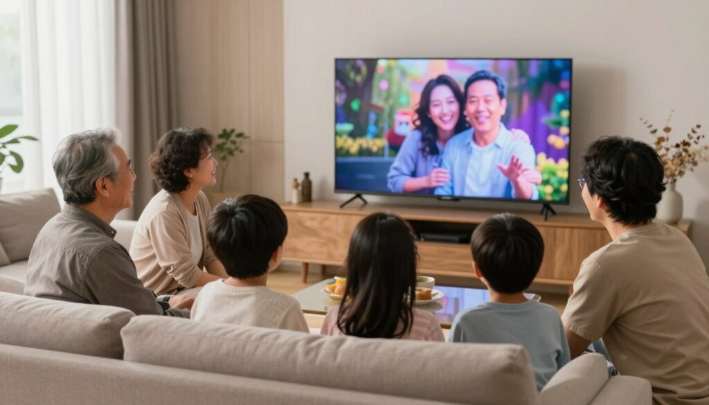 Happy family enjoying IPTV entertainment together