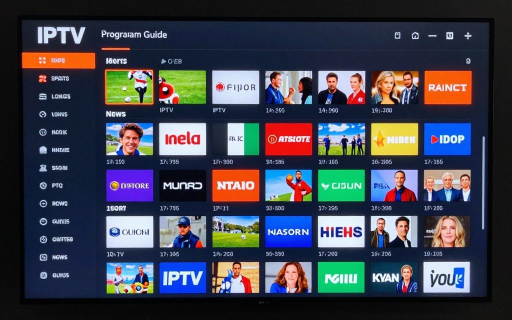 IPTV channel guide interface showing diverse content categories