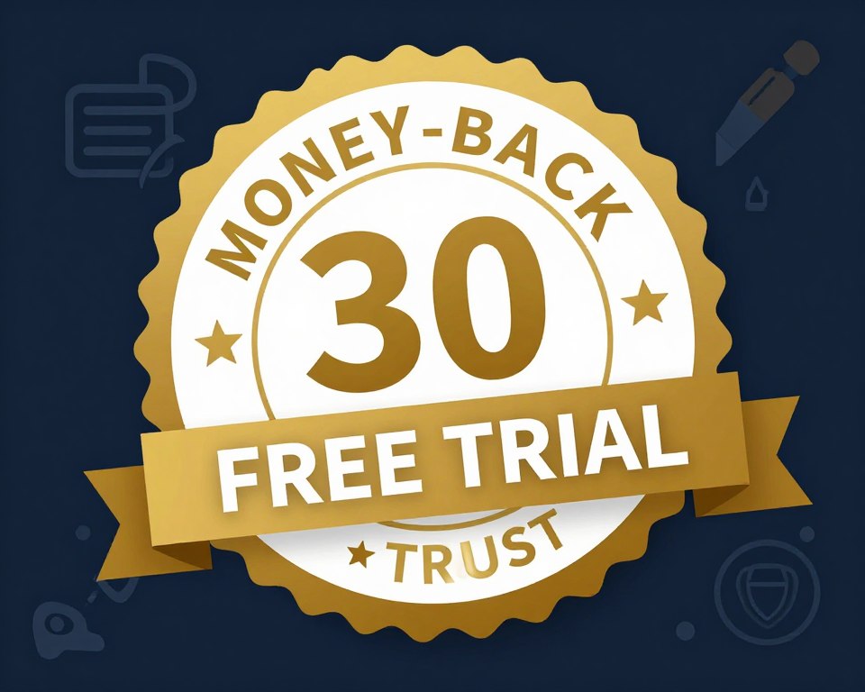 Money-back guarantee badge and free trial offer