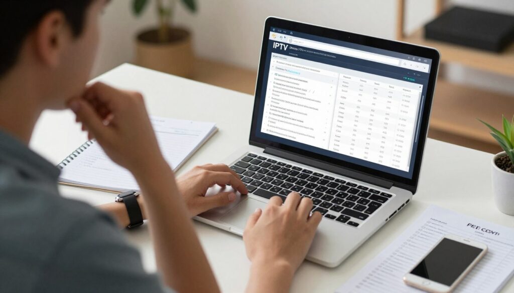 Person researching IPTV providers on laptop