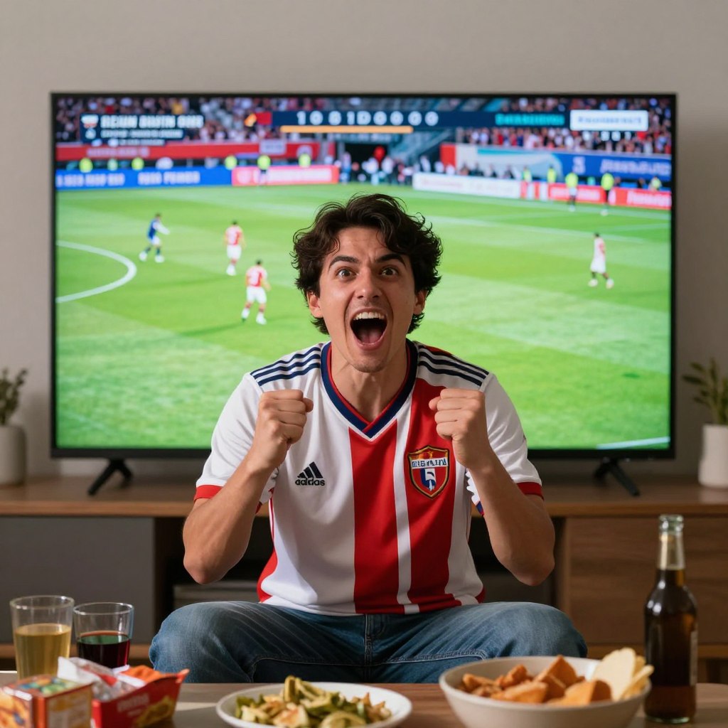 Sports fan watching live game on IPTV