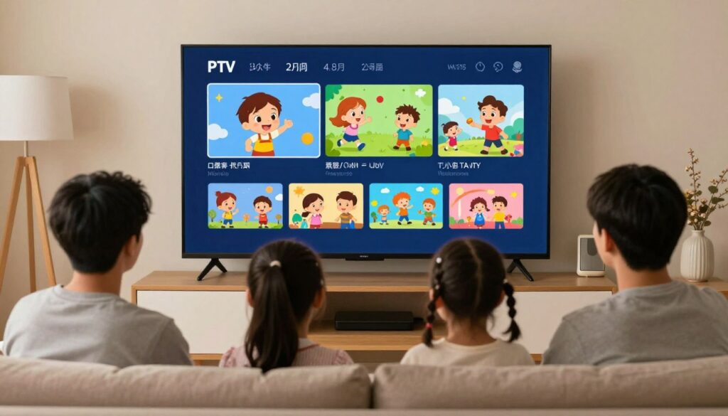 family watching iptv service together with kids content