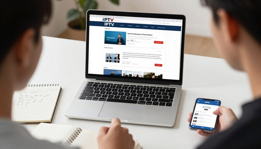 person researching IPTV provider reviews on laptop