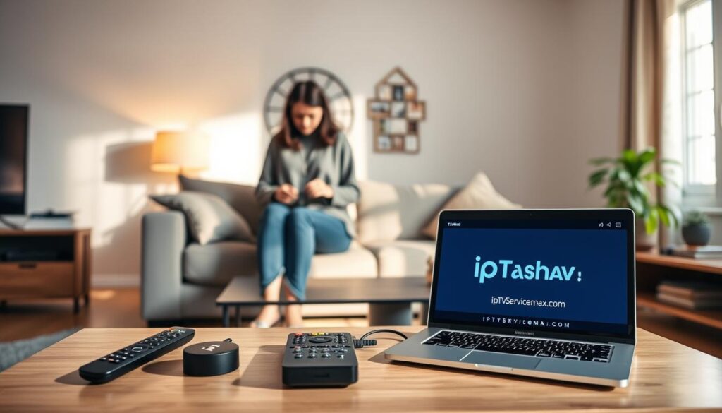 A bright and inviting living room showcasing the easy setup process of IPTV Tashan. In the foreground, a modern, sleek television with the IPTV Tashan interface displayed, surrounded by user-friendly remote controls and a laptop featuring the website iptvservicemax.com. In the middle ground, a user in comfortable, modest casual clothing is engaged in connecting cables, demonstrating the simple steps to connect the device. The background features a stylish sofa and warm lighting that conveys a cozy, relaxed atmosphere. The image is captured at a slightly angled view, emphasizing the setup process. Soft, natural light streams in through a window, creating an inviting ambiance that promotes a sense of ease and accessibility in streaming setup.