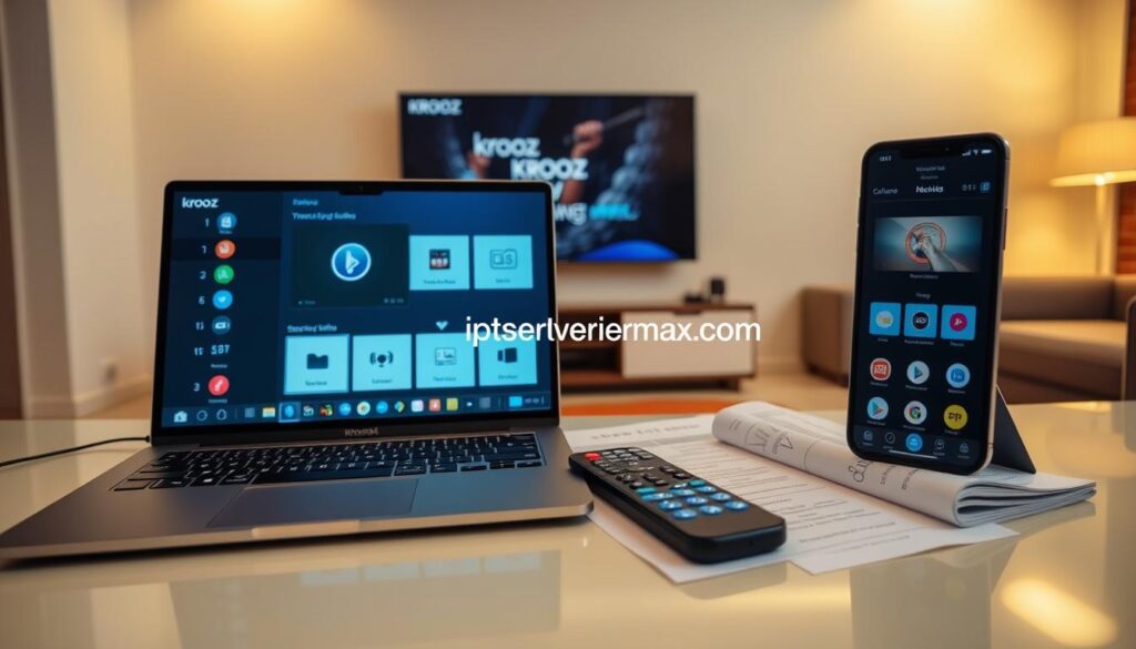 A clean and organized workspace setup for the "Krooz IPTV setup guide". In the foreground, a sleek laptop displaying the Krooz IPTV interface, with visible icons and a user-friendly layout. Beside it, a wireless remote control and a smartphone showing a streaming app, both neatly arranged. In the middle ground, detailed instruction sheets are laid out, illustrating each step of the setup process clearly, inviting and easy to read. The background features a modern living room with a large flat-screen TV mounted on the wall, creating a cozy viewing atmosphere. Soft, warm lighting casts a welcoming glow over the scene, reflecting a relaxing mood. No text or branding is visible in the image. The branding "iptvservicemax.com" is subtly integrated within the design of the smartphone interface, enhancing the professional appearance. A clean and organized workspace setup for the "Krooz IPTV setup guide". In the foreground, a sleek laptop displaying the Krooz IPTV interface, with visible icons and a user-friendly layout. Beside it, a wireless remote control and a smartphone showing a streaming app, both neatly arranged. In the middle ground, detailed instruction sheets are laid out, illustrating each step of the setup process clearly, inviting and easy to read. The background features a modern living room with a large flat-screen TV mounted on the wall, creating a cozy viewing atmosphere. Soft, warm lighting casts a welcoming glow over the scene, reflecting a relaxing mood. No text or branding is visible in the image. The branding "iptvservicemax.com" is subtly integrated within the design of the smartphone interface, enhancing the professional appearance.