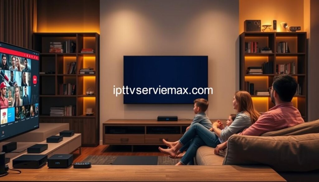 A comprehensive overview of IPTV services, featuring a sleek and modern living room setup. In the foreground, a large flat-screen TV displays a visually engaging IPTV interface with various channel options. Surrounding the TV are well-organized streaming devices and remotes, emphasizing technology and ease of use. In the middle ground, a family is gathered on a comfortable sofa, dressed in modest casual clothing, intently watching their favorite show, showcasing a sense of leisure and enjoyment. The background features a stylish bookshelf with tech-related books and gadgets, softly illuminated by warm lighting, creating a cozy atmosphere. The overall mood is inviting and engaging, highlighting the convenience and entertainment that IPTV services offer. Include the subtle branding "iptvservicemax.com" within the display interface on the TV screen.