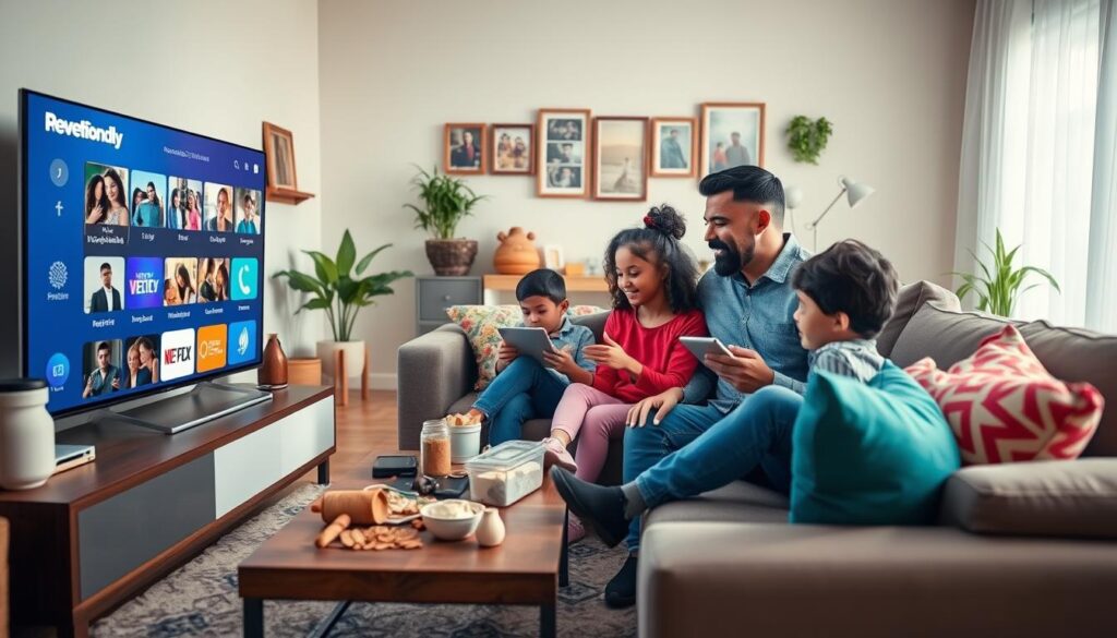 A cozy living room scene depicting a diverse family of four enjoying a personalized streaming experience together. In the foreground, a mother and father are seated comfortably on a stylish sofa, focused on a large flat-screen TV displaying various family-friendly streaming options. The children, a boy and a girl, are playfully choosing content on a tablet. The middle layer includes a coffee table scattered with snacks and devices, while colorful pillows add a touch of warmth. The background features a softly lit setting with family photos and plants, creating a warm and inviting atmosphere. The lighting is soft and natural, suggesting a late afternoon ambiance. The scene should convey a sense of connection and joy, emphasizing the personalization of the IPTV experience for the whole family. Include the logo or brand name "iptvservicemax.com" subtly in a corner of the image.
