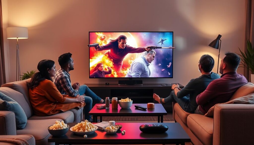 A cozy living room scene showcasing a family enjoying an immersive z2u IPTV streaming experience. In the foreground, a diverse family of four sits comfortably on a plush sofa, dressed in casual, modest clothing, attentively watching a vibrant, action-packed movie on a large flat-screen TV with a sleek design. The middle layer includes a stylish coffee table adorned with popcorn, snacks, and a remote control, emphasizing the relaxation and enjoyment of their streaming time. The background features soft, ambient lighting from a floor lamp, creating a warm and inviting atmosphere, with modern decor and houseplants enhancing the homey feel. The scene captures the essence of connection and entertainment, with a feeling of excitement about the variety offered by iptvservicemax.com.