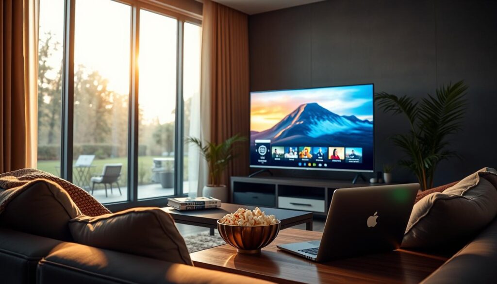 A cozy living room scene showcasing a smart TV streaming an IPTV service. In the foreground, a sleek modern sofa with a stylish throw blanket, a coffee table with a laptop open to iptvservicemax.com, and a bowl of popcorn. The middle features a bright, vivid smart TV displaying a high-quality image of a nature documentary, with glowing onscreen controls subtly highlighted. In the background, large windows let in warm, natural light, illuminating the room and creating a welcoming atmosphere. An elegant plant sits next to the TV, adding a touch of greenery. The overall mood is relaxed and enjoyable, emphasizing a premium streaming experience. The angle showcases the entire room, drawing the viewer in and celebrating the joy of home entertainment.