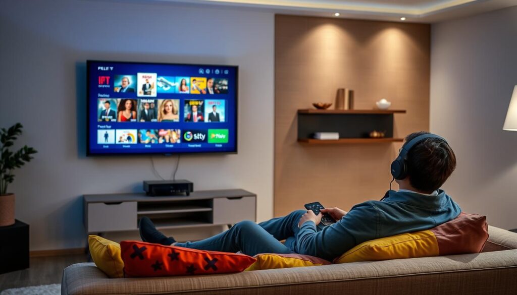 A cozy living room setting depicting a modern IPTV streaming experience. In the foreground, a sleek smart TV displays a vibrant streaming interface showcasing various movie and show thumbnails. A comfortable couch with colorful cushions is in the middle ground, where a person dressed in smart casual attire is casually sitting and watching, engrossed in the content. Soft lighting creates a warm and inviting atmosphere, reflecting a relaxing evening of entertainment. An accent wall in the background features a few decorative items, contributing to an inviting home environment. Subtle hints of technology, like a streaming device remote and headphones, emphasize the advanced IPTV features. Incorporate the logo of "iptvservicemax.com" subtly on the screen to highlight the streaming service.