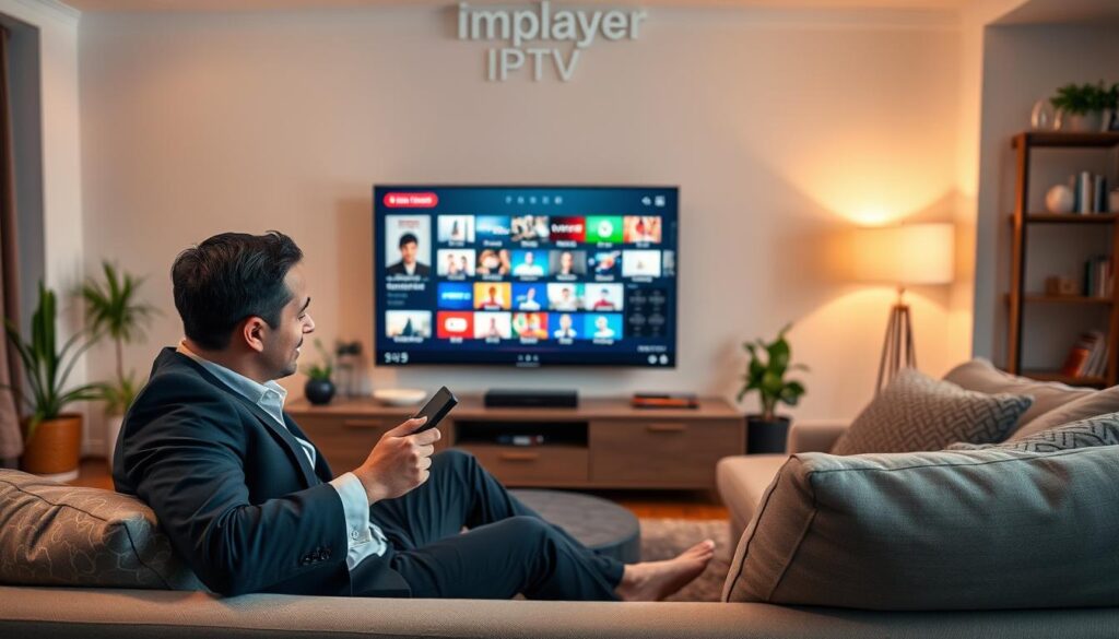 A cozy living room setting featuring a professional individual in smart casual attire enjoying the Implayer IPTV viewing experience on a stylish modern TV. In the foreground, the person is comfortably seated on a plush sofa, holding a remote control, with a focused expression while browsing through channels. The middle ground features the large, sleek television displaying a vibrant array of streaming content from iptvservicemax.com, creating a visually appealing interface. The background captures warm ambient lighting from lamps, enhancing a relaxed atmosphere, with some decorative elements like plants and bookshelves, suggesting a personal space. The shot is taken from a slightly elevated angle, providing a comprehensive view of the scene, evoking a sense of contentment and immersive entertainment.