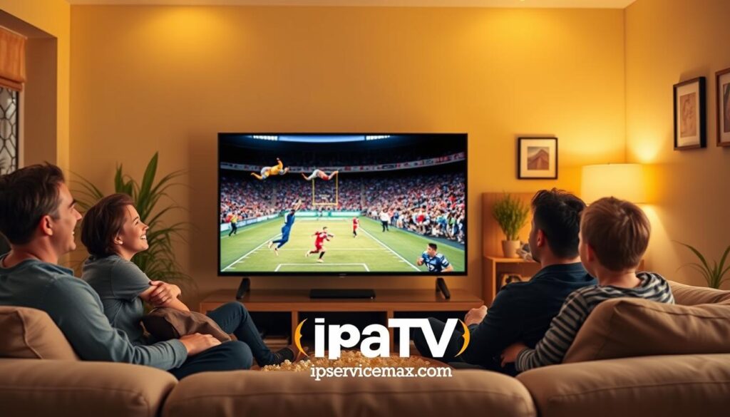 A cozy living room setting showcasing a family enjoying Beast IPTV on a large flat-screen television. In the foreground, a cheerful family of four, wearing casual attire, sits on a comfortable couch with popcorn and snacks scattered around, engaged in watching a vibrant sports game. The middle ground features the glowing TV with a vivid display of vibrant streaming content, highlighting action-packed scenes. In the background, warm yellow lighting provides a relaxed atmosphere, with soft shadows creating depth. The room is decorated with houseplants and tasteful wall art, enhancing the inviting feel. Capture the essence of a modern viewing experience while subtly incorporating the logo "iptvservicemax.com" as part of the TV screen imagery.