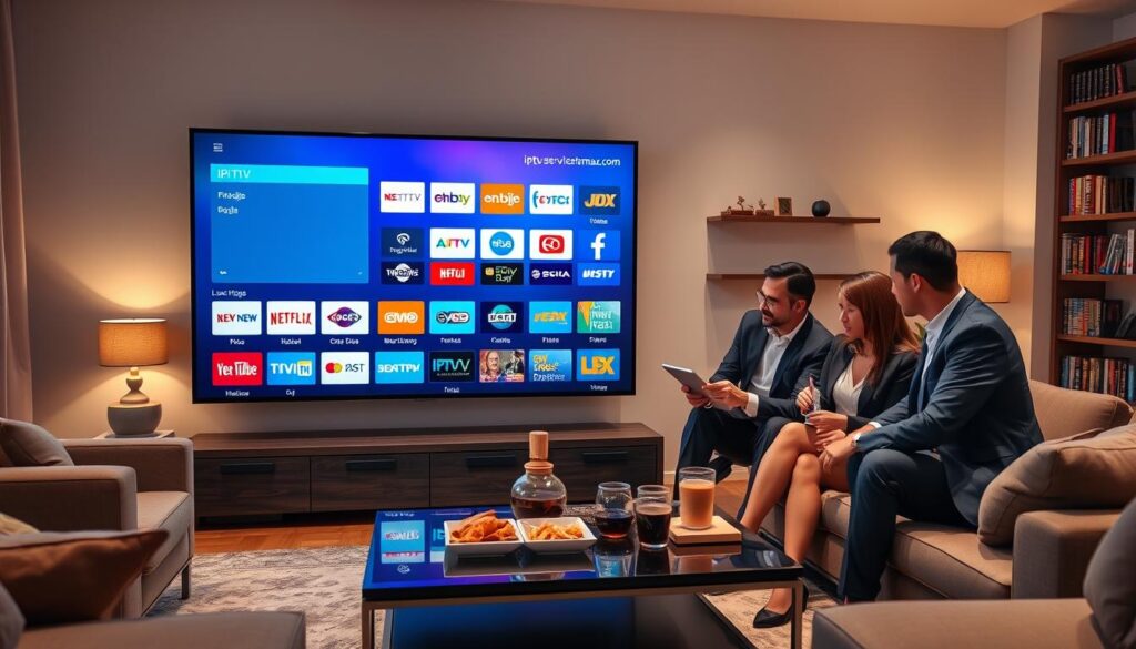 A cozy living room setting showcasing a large flat-screen TV displaying various IPTV streaming options, including popular channels and logos. In the foreground, a diverse group of four adults in professional business attire are engaged in a lively discussion, exploring their choices on a digital tablet. The middle ground features a stylish coffee table with snacks and drinks, while the background shows shelves filled with DVDs and books, subtly depicting a modern, tech-savvy environment. Soft ambient lighting creates a warm, inviting atmosphere, enhancing the focus on the IPTV interface on the screen. Emphasize a contemporary design with sleek furniture. Ensure to include the website "iptvservicemax.com" visually represented as part of the IPTV options.