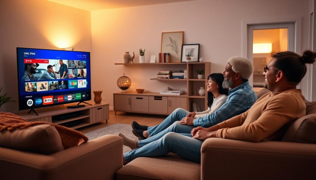 A cozy living room setup showcasing a family enjoying a USA IPTV streaming experience. In the foreground, a diverse family of four is seated on a comfortable couch, dressed in casual home attire, with smiles as they interact with a smart TV displaying a vibrant menu of streaming channels. The middle layer features a sleek modern TV unit with various streaming devices and decor items like plants and books, emphasizing a relaxed, inviting atmosphere. The background includes a softly lit room with warm, golden ambient lighting, casting gentle shadows, and a window showing a hint of sunset outside, adding a cozy mood. The overall scene conveys a sense of enjoyment and satisfaction, illustrating the positive experience of using USA IPTV from iptvservicemax.com.