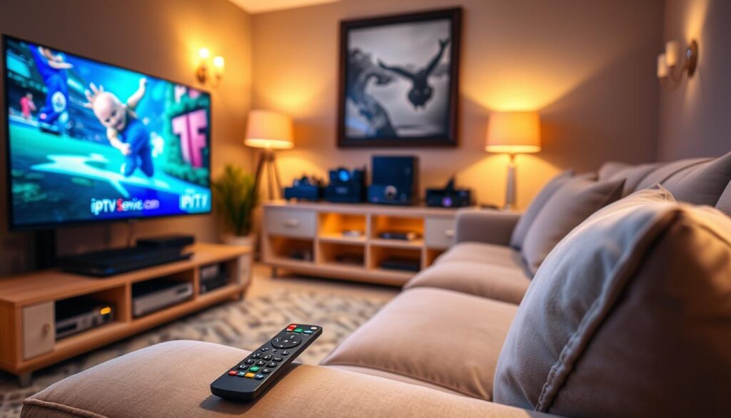 A cozy living room setup showcasing a seamless IPTV streaming experience. In the foreground, there is a modern, sleek television displaying vibrant, high-resolution content. A user-friendly remote control lies next to a comfortable plush sofa with soft cushions, suggesting a hassle-free viewing experience. In the middle, a stylish entertainment center holds an IPTV box labelled "iptvservicemax.com," alongside an assortment of carefully arranged streaming devices. The background features warm ambient lighting that creates an inviting atmosphere, with a soft glow cast from floor lamps and wall sconces. The camera angle is slightly elevated, capturing the entire scene harmoniously to evoke a feeling of relaxation and ease. The overall mood is welcoming and serene, perfect for enjoying entertainment without interruption. A cozy living room setup showcasing a seamless IPTV streaming experience. In the foreground, there is a modern, sleek television displaying vibrant, high-resolution content. A user-friendly remote control lies next to a comfortable plush sofa with soft cushions, suggesting a hassle-free viewing experience. In the middle, a stylish entertainment center holds an IPTV box labelled "iptvservicemax.com," alongside an assortment of carefully arranged streaming devices. The background features warm ambient lighting that creates an inviting atmosphere, with a soft glow cast from floor lamps and wall sconces. The camera angle is slightly elevated, capturing the entire scene harmoniously to evoke a feeling of relaxation and ease. The overall mood is welcoming and serene, perfect for enjoying entertainment without interruption.