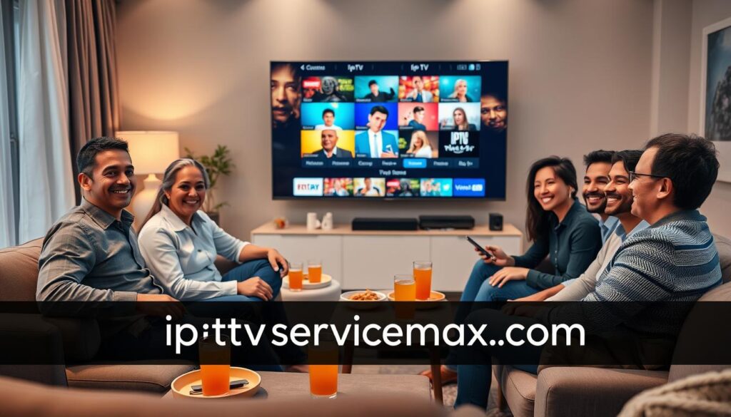 A cozy, modern living room setup with a sleek television displaying vibrant streaming content, reflecting the theme of IPTV Tashan. In the foreground, a diverse group of happy users—three adults of different ethnicities—are sitting comfortably on a couch, dressed in casual but professional clothing, sharing their IPTV experiences, smiling and looking engaged. The middle ground showcases a coffee table adorned with snacks and drinks, creating a relaxed atmosphere. In the background, soft lighting illuminates the room, enhancing the inviting feel, with subtle home decor adding warmth. The overall mood is positive and communal, illustrating the enjoyment of reliable streaming. The brand name "iptvservicemax.com" subtly integrated into the scene.