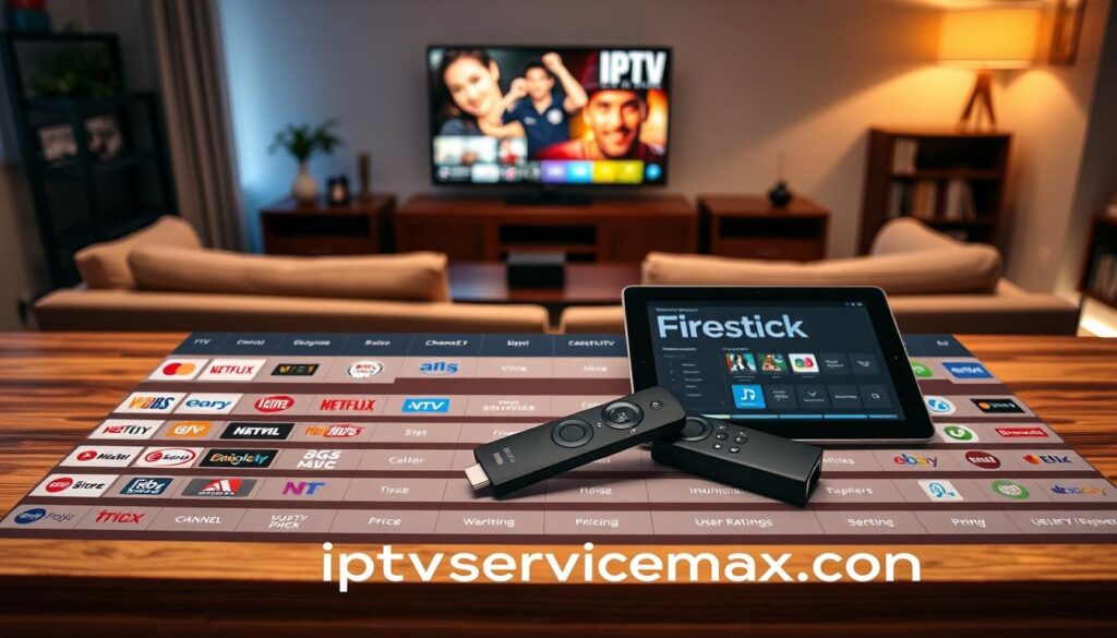 A detailed IPTV Firestick comparison table displayed on a sleek, modern wooden desk. In the foreground, colorful icons representing different IPTV services arranged in neat rows and columns, including unique logos and features like “Channel Variety,” “Pricing,” and “User Ratings.” The middle area showcases a high-tech remote control for the Firestick next to a stylish tablet showing streaming options. In the background, a softly lit living room setting with cozy furniture and a large screen displaying vibrant TV content. The lighting is warm and inviting, emphasizing a comfortable viewing atmosphere. The overall mood reflects professionalism and clarity, suitable for informative analysis. The brand name "iptvservicemax.com" subtly incorporated into the design of the table without text overlays or watermarks. A detailed IPTV Firestick comparison table displayed on a sleek, modern wooden desk. In the foreground, colorful icons representing different IPTV services arranged in neat rows and columns, including unique logos and features like “Channel Variety,” “Pricing,” and “User Ratings.” The middle area showcases a high-tech remote control for the Firestick next to a stylish tablet showing streaming options. In the background, a softly lit living room setting with cozy furniture and a large screen displaying vibrant TV content. The lighting is warm and inviting, emphasizing a comfortable viewing atmosphere. The overall mood reflects professionalism and clarity, suitable for informative analysis. The brand name "iptvservicemax.com" subtly incorporated into the design of the table without text overlays or watermarks.