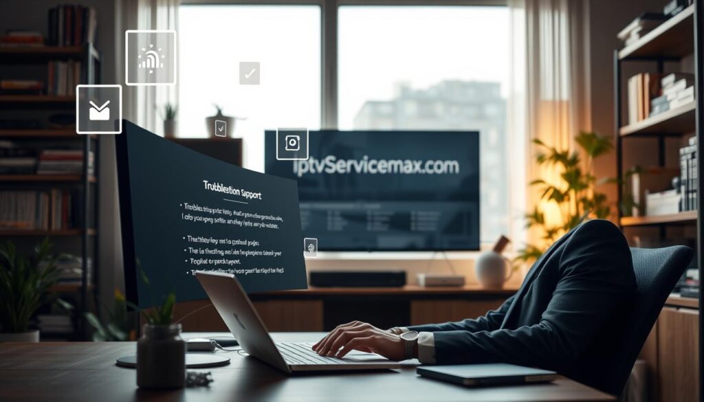 A detailed and engaging scene depicting a modern home office environment focused on troubleshooting Implayer IPTV services. In the foreground, a professional in smart casual attire is sitting at a desk, intently examining a laptop screen displaying technical support tips. Floating icons representing troubleshooting steps, like checkmarks, signals, and settings gears, softly illuminate the space. The middle ground features shelves lined with tech books and gadgets, creating a sense of expertise. In the background, a large window lets in natural light, casting a warm glow on the scene, enhancing the atmosphere of productivity and problem-solving. Subtle green plants add a touch of life to the environment. The brand "iptvservicemax.com" is subtly integrated with a digital display behind the desk, reinforcing the tech support theme without any overt branding.