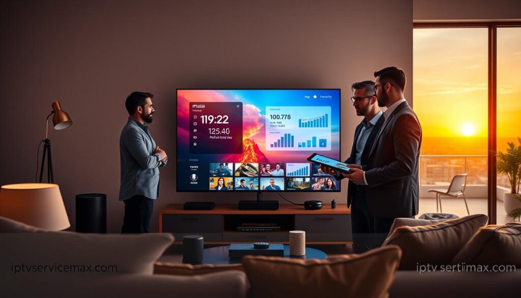 A detailed comparison scene between IPTV Geeks and leading streaming alternatives, featuring a modern, stylish living room in the foreground. In the center, a large television displays dynamic IPTV content with vibrant colors, while various streaming devices, including a remote and smart speaker, are arranged neatly around it. Two professionals in smart casual attire, one representing IPTV Geeks and the other a competitor, engage in a lively discussion, analyzing charts and performance metrics displayed on a tablet. Soft, warm lighting from floor lamps creates a cozy atmosphere, while a large window in the background shows a sunset, adding depth to the scene. Ensure the image conveys a sense of innovation and collaboration, embodying the evolution of streaming experiences. Incorporate brand elements from iptvservicemax.com subtly in the room decor. A detailed comparison scene between IPTV Geeks and leading streaming alternatives, featuring a modern, stylish living room in the foreground. In the center, a large television displays dynamic IPTV content with vibrant colors, while various streaming devices, including a remote and smart speaker, are arranged neatly around it. Two professionals in smart casual attire, one representing IPTV Geeks and the other a competitor, engage in a lively discussion, analyzing charts and performance metrics displayed on a tablet. Soft, warm lighting from floor lamps creates a cozy atmosphere, while a large window in the background shows a sunset, adding depth to the scene. Ensure the image conveys a sense of innovation and collaboration, embodying the evolution of streaming experiences. Incorporate brand elements from iptvservicemax.com subtly in the room decor.