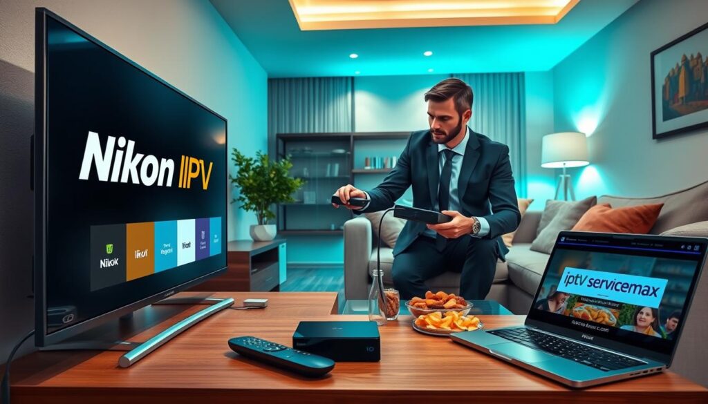 A detailed illustration of the Nikon IPTV setup process in a modern living room. In the foreground, a sleek, modern TV displaying the Nikon IPTV interface, with a shiny remote control beside it. In the middle, a professional-looking individual wearing business casual attire, attentively connecting cables to the TV and a streaming device, with a focused expression. The background features a cozy living space with a comfortable sofa, ambient lighting, and a small coffee table adorned with snacks and a laptop showing the iptvservicemax.com website. The scene is bright and inviting, evoking a sense of ease and clarity in the setup process, captured from a slightly angled perspective to highlight both the individual and the TV interface.