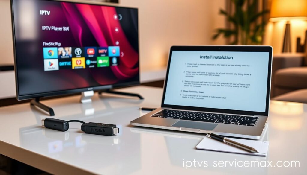 A detailed installation guide for an IPTV player on a Firestick, displayed on a sleek, modern desk. In the foreground, a smart TV shows the IPTV player interface, with vivid colors and user-friendly icons. Beside the TV, a Firestick device is plugged in, showcasing its compact design. In the middle ground, an open laptop displays a step-by-step guide on setting up the IPTV player. A notepad and pen are placed next to the laptop, indicating an organized setup process. In the background, a cozy living room ambiance is created with soft lighting, a warm atmosphere, and a subtle arrangement of digital devices. The scene includes the brand name "iptvservicemax.com" subtly integrated into the design, without any text overlays. The mood is informative and engaging, inviting viewers to explore IPTV installation comfortably.