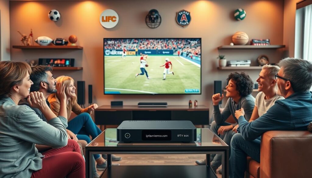 A dynamic living room setting designed for sports fans, featuring a large flat-screen TV displaying a thrilling sports match. In the foreground, a group of diverse friends, dressed in casual outfits, excitedly watch the game together, showing their enthusiasm with expressions of joy and engagement. In the middle, a sleek streaming device labeled "iptvservicemax.com" sits on a stylish entertainment center, highlighting its importance for sports streaming. The background includes shelves adorned with sports memorabilia, creating a festive and energetic atmosphere. Soft, warm lighting enhances the inviting feel of the room, while a wide-angle perspective captures the camaraderie and excitement of sports watching, emphasizing the connection facilitated by IPTV. A dynamic living room setting designed for sports fans, featuring a large flat-screen TV displaying a thrilling sports match. In the foreground, a group of diverse friends, dressed in casual outfits, excitedly watch the game together, showing their enthusiasm with expressions of joy and engagement. In the middle, a sleek streaming device labeled "iptvservicemax.com" sits on a stylish entertainment center, highlighting its importance for sports streaming. The background includes shelves adorned with sports memorabilia, creating a festive and energetic atmosphere. Soft, warm lighting enhances the inviting feel of the room, while a wide-angle perspective captures the camaraderie and excitement of sports watching, emphasizing the connection facilitated by IPTV.