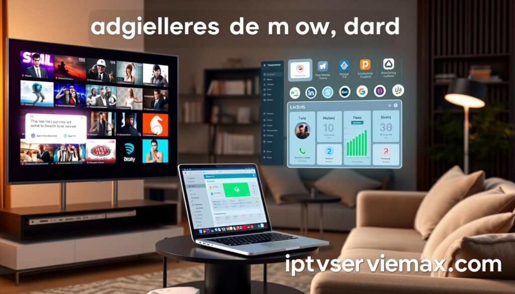 A dynamic scene illustrating the concept of "Regular updates and new content additions" in the context of IPTV. In the foreground, a sleek modern television screen displays vibrant thumbnail images of various channels and new shows, with a glowing notification icon indicating fresh content. The middle layer features an organized workspace with a laptop open to a dashboard showing content management, graphics of charts indicating growth, and icons of streaming platforms. The background displays a cozy living room with stylish furniture and subtle lighting, creating a warm, inviting atmosphere. The image conveys a sense of excitement and innovation in streaming, with bright colors enhancing the lively mood. The brand “iptvservicemax.com” is subtly incorporated into the design, ensuring visual focus remains on the IPTV concept. A dynamic scene illustrating the concept of "Regular updates and new content additions" in the context of IPTV. In the foreground, a sleek modern television screen displays vibrant thumbnail images of various channels and new shows, with a glowing notification icon indicating fresh content. The middle layer features an organized workspace with a laptop open to a dashboard showing content management, graphics of charts indicating growth, and icons of streaming platforms. The background displays a cozy living room with stylish furniture and subtle lighting, creating a warm, inviting atmosphere. The image conveys a sense of excitement and innovation in streaming, with bright colors enhancing the lively mood. The brand “iptvservicemax.com” is subtly incorporated into the design, ensuring visual focus remains on the IPTV concept.