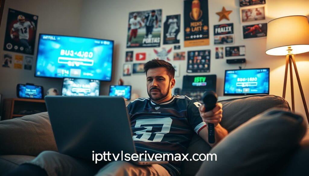 A focus on a sports fan surrounded by common IPTV challenges: in the foreground, a frustrated fan sitting on a sofa, wearing a sports jersey, remote in hand, with a laptop open displaying buffering or connection errors. In the middle, various digital devices like a tablet, TV, and smartphone showing loading symbols or glitches, representing technical difficulties. The background features a sports-themed wall with posters and memorabilia, emphasizing their passion for sports. Soft, ambient lighting from a lamp creates a cozy but frustrating atmosphere, while a low-angle shot captures the scene to evoke a sense of being overwhelmed. The brand "iptvservicemax.com" subtly integrated into the scene, perhaps as part of a device's screen. A focus on a sports fan surrounded by common IPTV challenges: in the foreground, a frustrated fan sitting on a sofa, wearing a sports jersey, remote in hand, with a laptop open displaying buffering or connection errors. In the middle, various digital devices like a tablet, TV, and smartphone showing loading symbols or glitches, representing technical difficulties. The background features a sports-themed wall with posters and memorabilia, emphasizing their passion for sports. Soft, ambient lighting from a lamp creates a cozy but frustrating atmosphere, while a low-angle shot captures the scene to evoke a sense of being overwhelmed. The brand "iptvservicemax.com" subtly integrated into the scene, perhaps as part of a device's screen.
