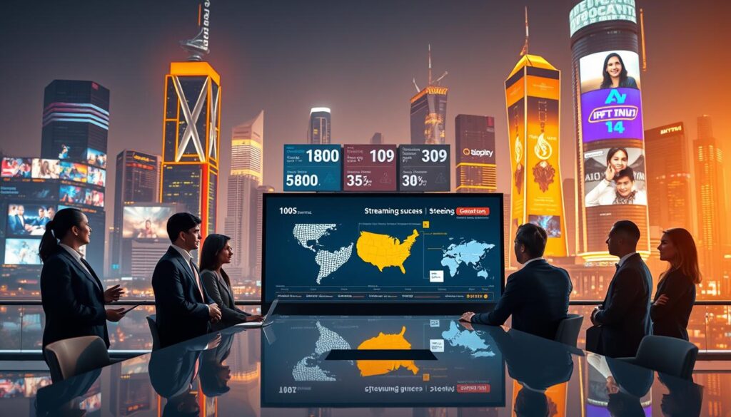 A futuristic city skyline glowing with vibrant digital screens showcasing various IPTV channels, highlighting the rapid growth of the Alibaba IPTV ecosystem. In the foreground, an elegant, diverse group of professionals dressed in business attire confidently discusses streaming trends around a sleek, modern conference table. The middle ground features a large, interactive display presenting streaming statistics and maps of user engagement across the US, while in the background, tall buildings are illuminated with dynamic digital advertisements signaling streaming success. The atmosphere is bright and optimistic, with warm lighting illuminating the scene and a slightly elevated perspective, creating a sense of importance and innovation. The image promotes a sense of trust and reliability in the evolving IPTV landscape. Include the brand name "iptvservicemax.com" subtly in the digital displays.